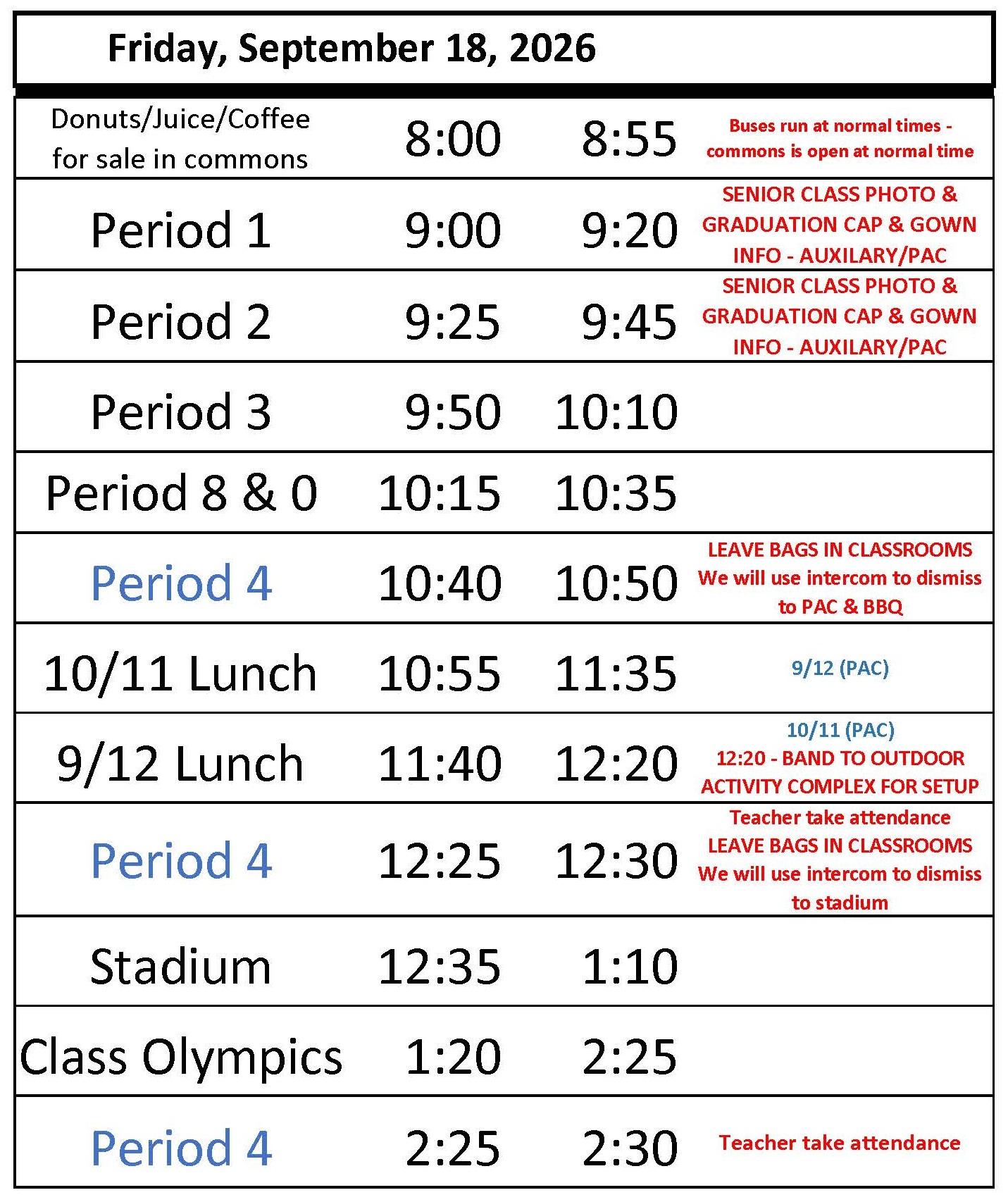 Early Release Schedule
